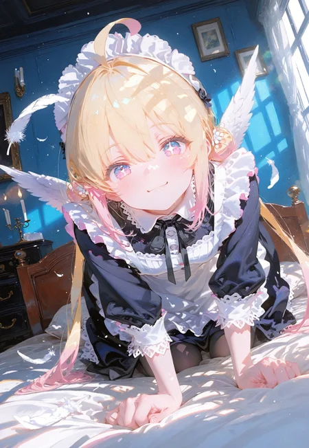 ((on all fours on bed,front facing,eye level angle,smile,looking at viewer:1.5))
1 girl, short and petite,(blonde hair:1.3), (vibrant pink accents hair:1.1),fair skin,pink eyes, (sparkling eyes:1.1),ahoge,small wings ,floating feathers,(low twintails:1.3)
(Victorian Maid outfit,hair bun:1.3),(victorian bedroom:1.5),(darkroom with candles:1.5)
(Bokeh around character:1.3),(character focus:1.2),((dynamic pose:1.4)),((foreshortening:1.6)),((extreme perspective:1.4))
748cmstyle,Cunnystyle,Smooth_Quality,amazing quality, ((aesthetic:1.3)),(bold lines:1.3),((4k,8k,Ultra HD)),((Masterpiece :1.2)),((Best quality :1.2)),((Detailed :1.5)),((Detailed background :1.5)),
