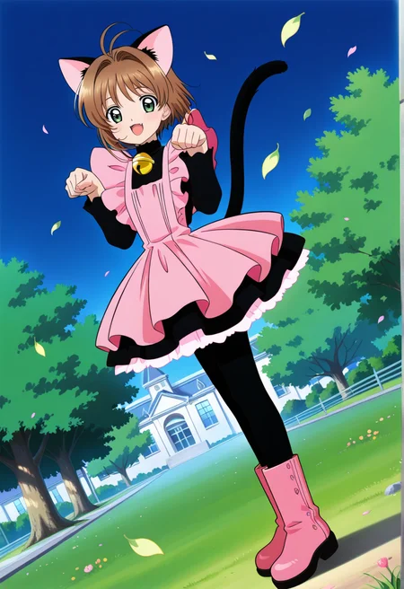 outdoor, trees, grass, cityscape, floating leaves, flowers, night,
BREAK,
{open smile|light smile},
{full body|cowboy shot}, paw pose,
dynamic angle,
BREAK,
<lora:sakuraS_illustriousXL_v03:0.9>
kinosakupk, short hair, brown hair, ahoge, green eyes, cat ears, black cat ears,
cat tail, frilled dress, pink dress, long sleeves, black sleeves, jingle bell collar, black dress,
pantyhose, pink boots, pink footwear,
sealingwand, holding wand, fuuin no tsue,, source_anime, very aesthetic, anime coloring, masterpiece,
best quality, amazing quality, ultra detailed, very aesthetic,
detailed background,
BREAK,