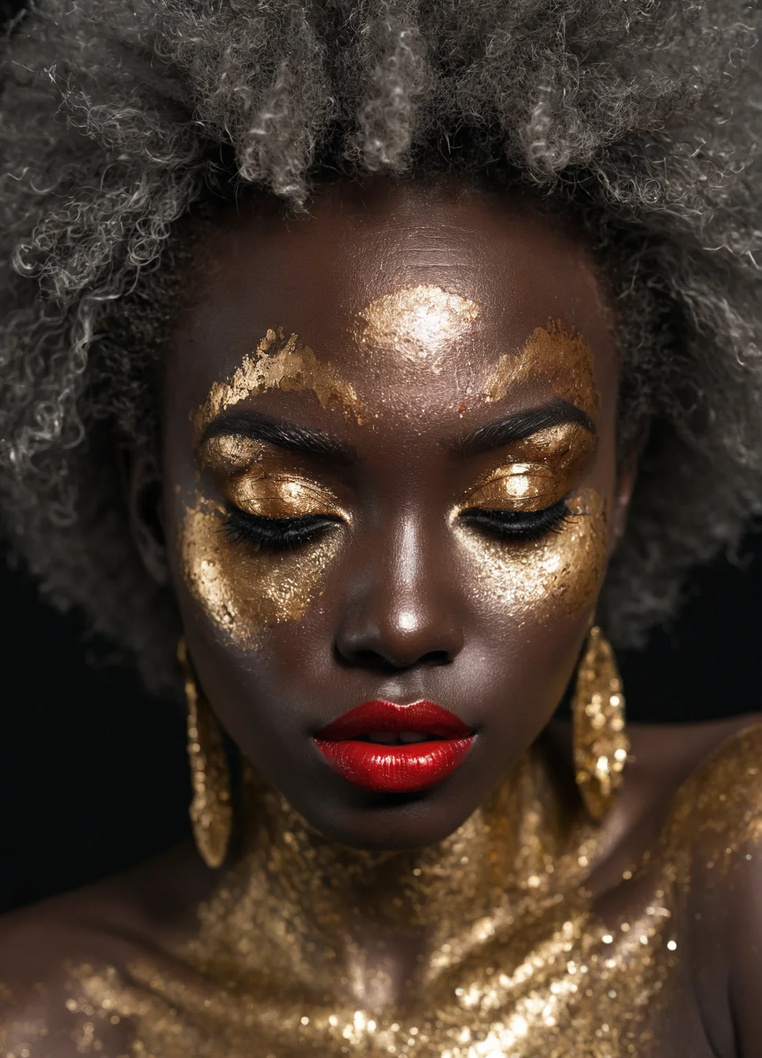 glitterstyle,face, lipstick, eyeshadow, make-up, highly detailed, dark skin, wild, afro, white, red, gold, silver,black background, dark,
 <lora:GlitterStyle_sdxl:0.6>
