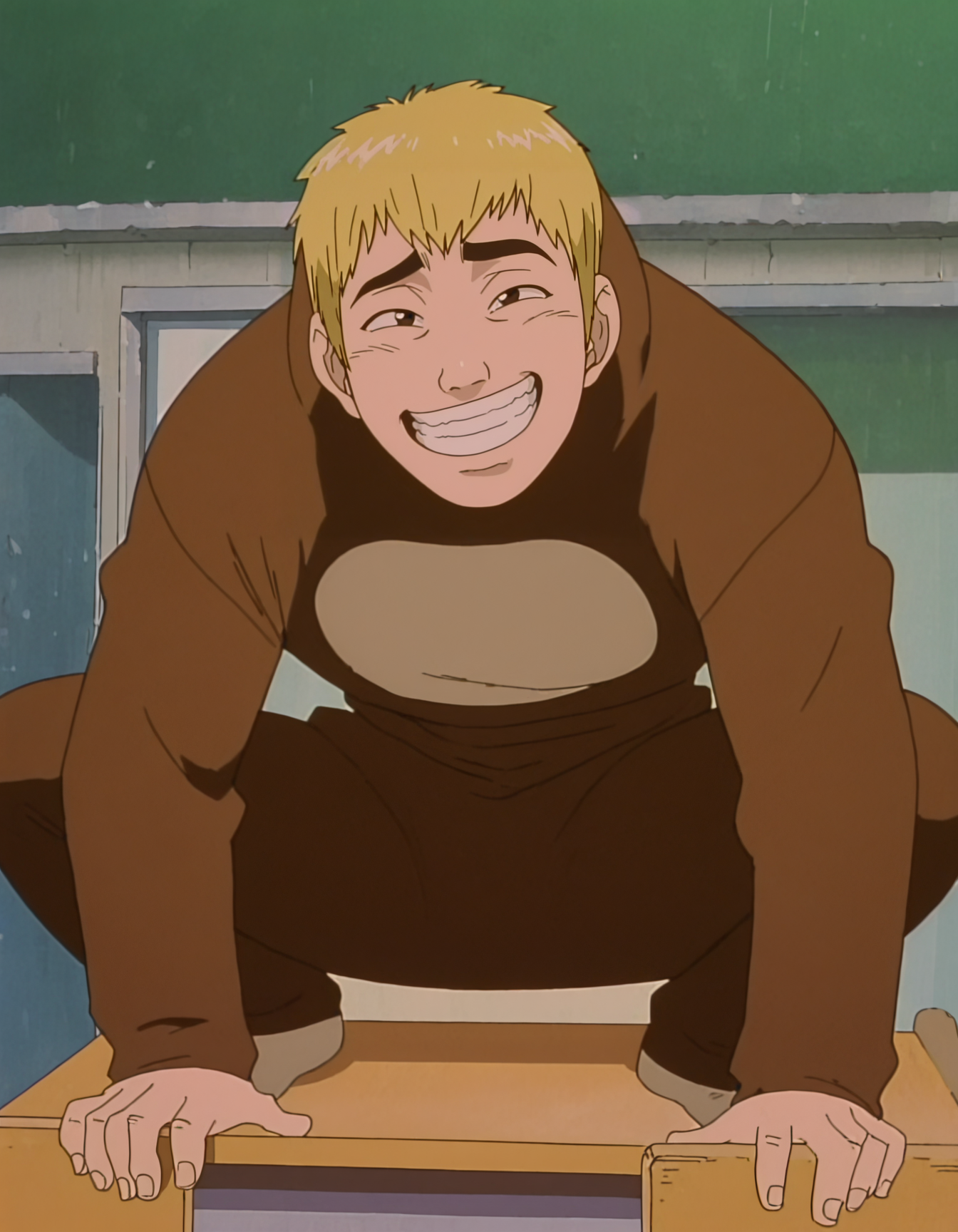 pixel-perfect masterpiece, best quality, highres, highly detailed, parody, squatting on school desk, 
monkey costume,  1boy, Eikichi Onizuka, male, young man, meme,  exaggerated emotions, facial details, grin, happy, intense expression, character, blonde hair, brown eyes, 
skin texture, textured, 
anime screenshot, (artist: sabudenego:0.6),  (by abara heiki:0.4), by higashiyama shou, (by incase:0.4), 
 <lora:Great Teacher Onizuka 2.0 Illustrious-000063:0.8>