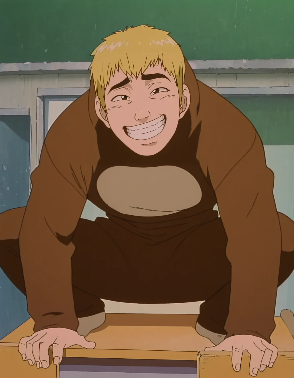 pixel-perfect masterpiece, best quality, highres, highly detailed, parody, squatting on school desk,
monkey costume, 1boy, Eikichi Onizuka, male, young man, meme, exaggerated emotions, facial details, grin, happy, intense expression, character, blonde hair, brown eyes,
skin texture, textured,
anime screenshot, (artist: sabudenego:0.6), (by abara heiki:0.4), by higashiyama shou, (by incase:0.4),
<lora:Great Teacher Onizuka 2.0 Illustrious-000063:0.8>