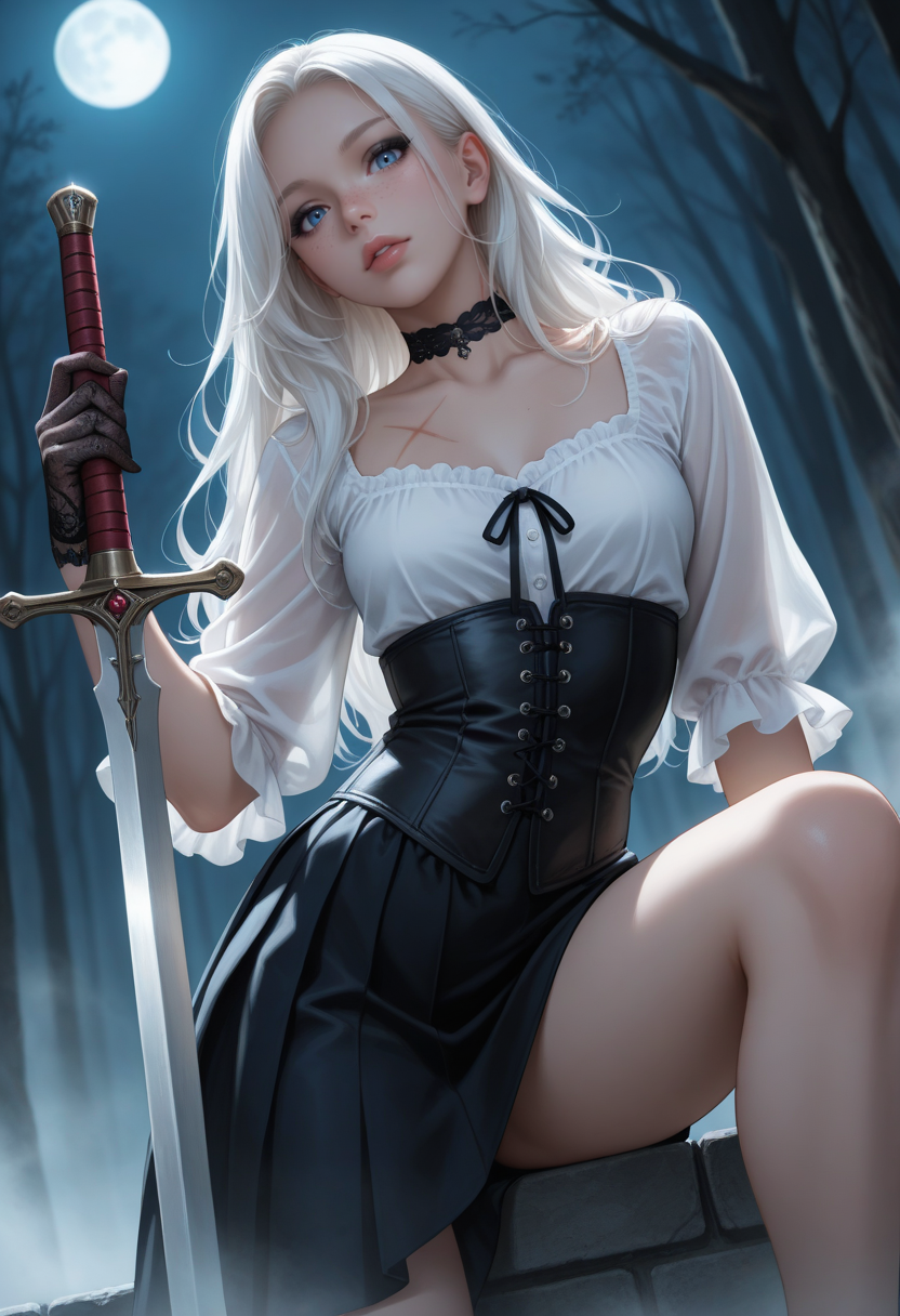 depth of field, focused subject, ((dynamic angle)), sexy pose, best quality, detailed eyes, perfect eyes, realistic eyes, white hair, long hair, blue eyes, ((full lips)), (black eyeliner), (freckles), slim body, lace gloves, choker, ((scars)), (long sword), small ass, small breasts, realistic breast, (white blouse), (black corset detail), (black asymmetrical skirt), BREAK, sitting, leaning forward slightly, front view, looking at viewer, movie perspective, dark background, abstract background, dark forest, night, fog, moon light, dynamic light,
