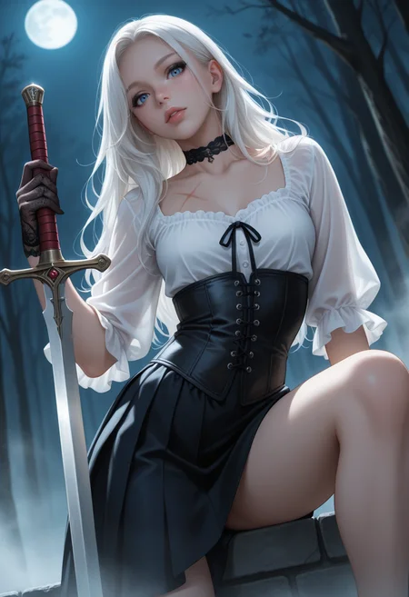 depth of field, focused subject, ((dynamic angle)), sexy pose, best quality, detailed eyes, perfect eyes, realistic eyes, white hair, long hair, blue eyes, ((full lips)), (black eyeliner), (freckles), slim body, lace gloves, choker, ((scars)), (long sword), small ass, small breasts, realistic breast, (white blouse), (black corset detail), (black asymmetrical skirt), BREAK, sitting, leaning forward slightly, front view, looking at viewer, movie perspective, dark background, abstract background, dark forest, night, fog, moon light, dynamic light,