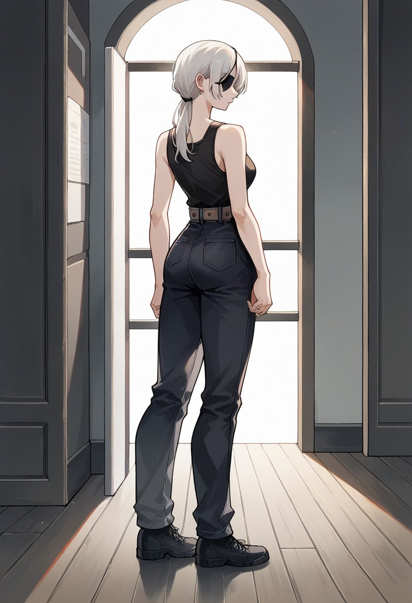 score_9_up, score_8_up, score_7_up, score_6_up, score_5_up, score_4, source_anime, 1girl, white hair, ponytail, long hair, black eyes, black tank top, sleeveless, bare shoulders, brown belt, black pants, high-waist pants, black shoes, eyepatch
solo, room, medium breasts, medium butt, hips, thighs, thick thighs, standing, back, full body, looking at the viewer, arched back