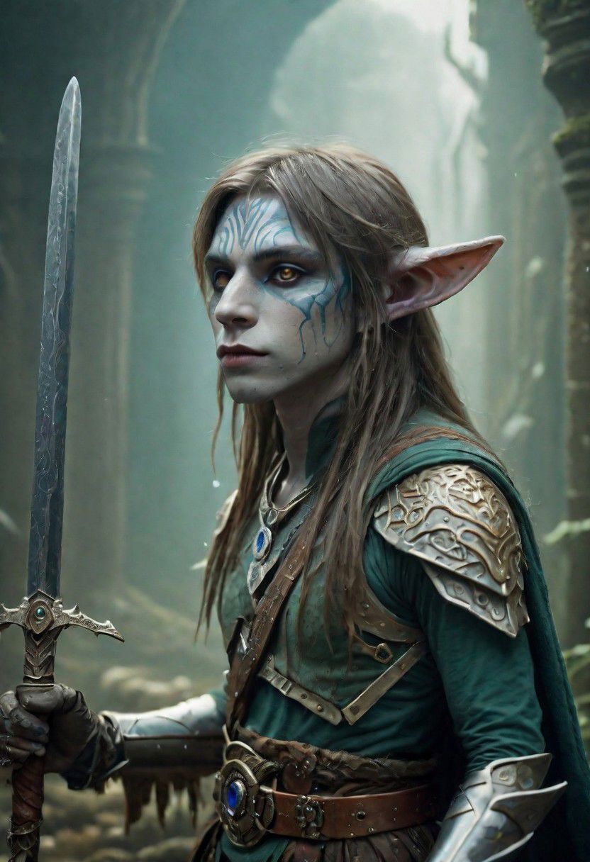 photography in the style of Labirynth, the dark crystal  movies, green, close up of (nature) and (fantasy) creature with a (diminute) sword stained with (detailed:1.5), in a beautiful and ruined ,fantasy,hyper detailed, real skin imperfections, hard lighting, bokeh, ((curi:1.2))(inspire forms in most beautiful New race:1.4) (beautiful:1.4) (ambient fantasy:1.5)(warhammer world:1.0)