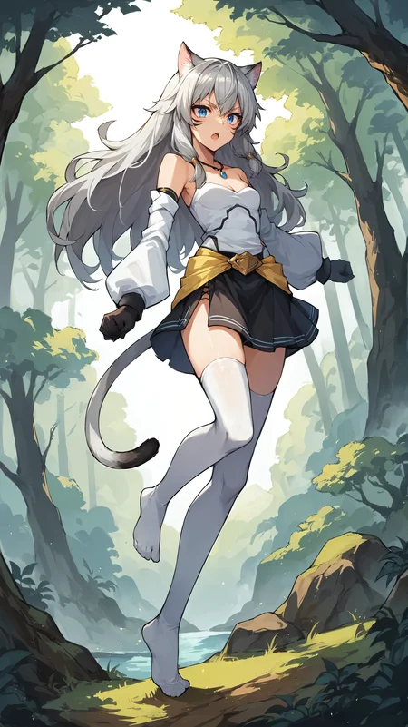score_9,score_8_up,score_7_up,score_6_up, source_anime, zPDXL, <lora:xl_more_art-full_v1:0.5>, woman, dynamic pose, <lora:Suphia - Pony-000004:0.7>, white top, long hair, gray hair, cat ears, blue eyes, necklace, yellow waist cape, white sleeves, detached sleeves, black face markings, black miniskirt, white thighhighs, cat tail, black gloves, touching toes, nature, forest,