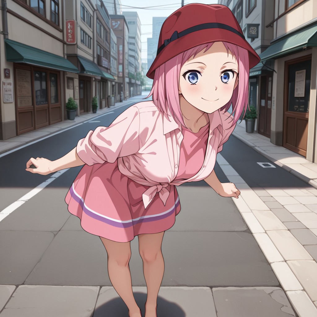 masterpiece , amazing , best quality , ultra detailed , 8k , high resolution , 1girl , solo , adult , Kazumi_Schlierenzauer, medium breasts , streets , leaning forward , cheerful , looking at viewer , pink dress, pink tied shirt, full body shot, standing, red hat, cute face, smile