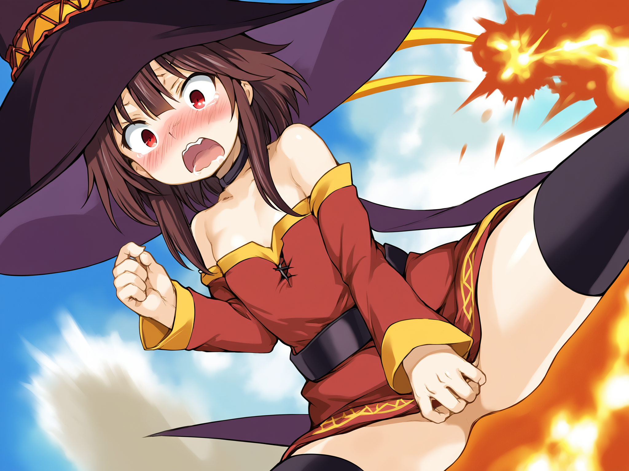 score_9, source_anime, megumin, close up, blush, surprised, embarrassed, screaming, saliva, explosion, spread legs, hand up, <lora:Cool_Rance_XL:0.87>