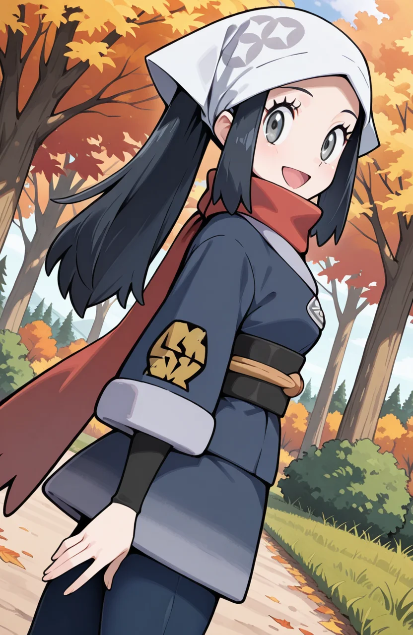 masterpiece, best quality, newest, (sugimori ken \(style\):0.5), pokemon screencap, 1girl, <lora:Akari_-_Pokemon_Illustrious:1>, akari, grey eyes, eyelashes, black hair, long hair, head scarf, galaxy expedition team survey corps uniform, scarf, white headwear, pantyhose, sidelocks, jacket, red scarf, sash, skirt, perfect eyes, breast, shiny skin, smile, open mouth, looking at viewer, grass plain, autumn, trees, forest, scenery, erotic, side view, dynamic angle, perfect anatomy