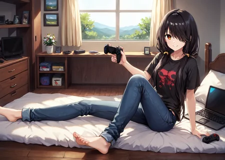 score_9, score_8_up, score_7_up, score_6_up, score_5_up, score_4_up, , scenery, masterpiece, best quality, very aesthetic,, game controller, ,wooden floor, keyboard (computer), , disposable cup, , phone, laptop, , cellphone, controller,bed, messy room,TV,
, looking at viewer, laying, modeling on bed, <lora:Kurumi_Tokisaki:0.8> black hair, red eye, long hair, twintails, hair over one eye, yellow eye, heterochromia, clock eye black, tshirt, jeans, sitting, smiling,legs kicking, ,smiling, , ,, looking at viewer,
