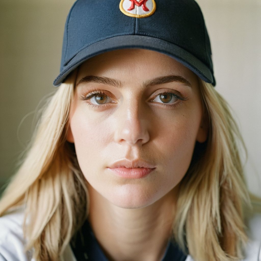 film photography style a woman with hazel eyes and light hair wearing a baseball cap, Close Up, Eye Level, light grain <lora:FILM_PHOTOGRAPHY_STYLE-000049:.7>