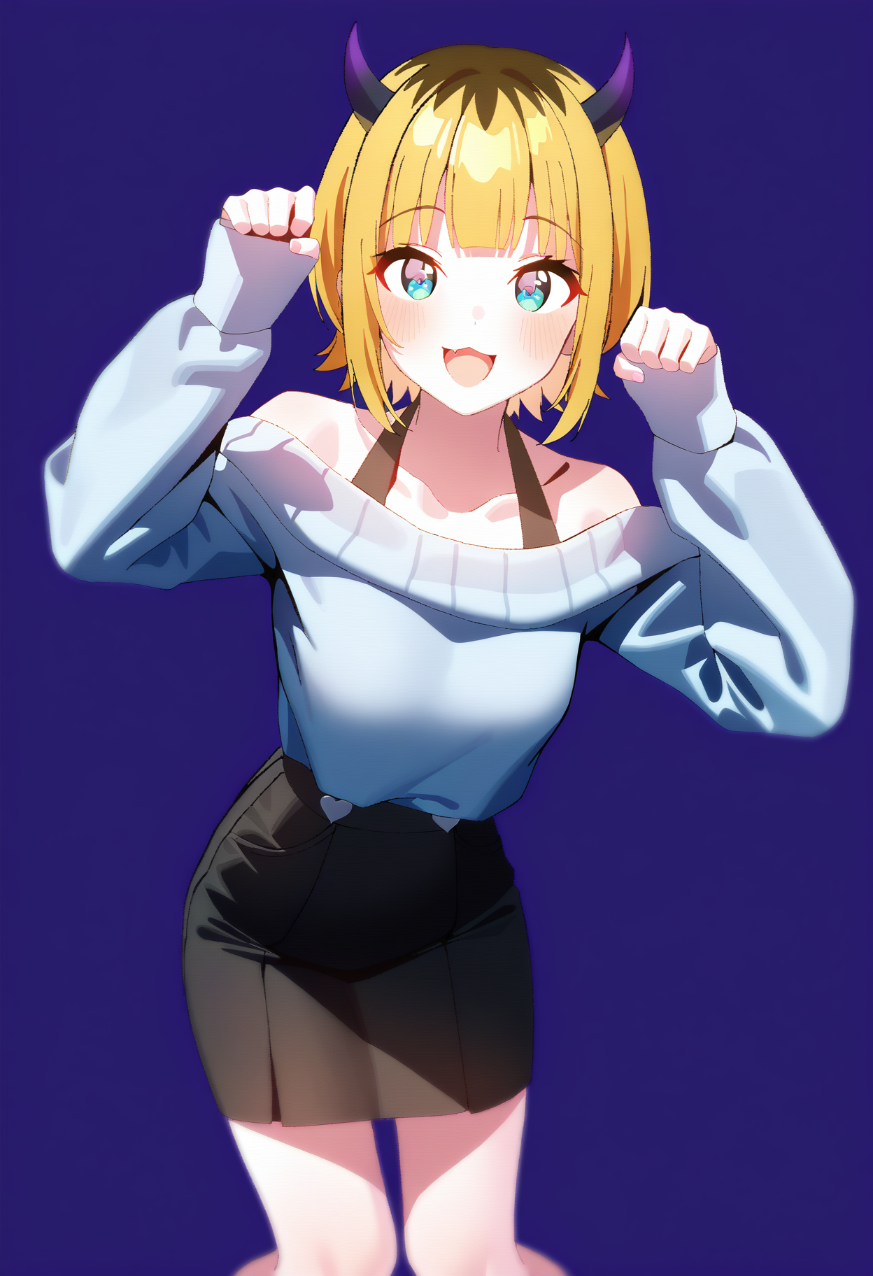 1girl,memcho,<lora:mx2j style locon:1>,mx2j style,demon horns,off-shoulder,off-shoulder sweater,blue sweater,black skirt,blonde hair,roots \(hair\),bob cut,looking at viewer,light smile,open mouth,standing,:3,cat pose,knees together feet apart,masterpiece,best quality,very aesthetic,highres,absurdres,