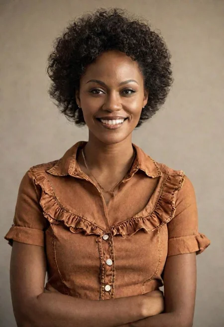 Create an ultra-realistic and detailed portrait photo of a smiling 35-year-old afro american woman, (ruffled copper shirt, high waist jeans), 24mm, (analog, cinematic, Film Grain: 1.3), (prison: 1.1), detailed eyes (seductive pose), (epic photo), upper body (looking at viewer), (painted lips), earrings and necklace.