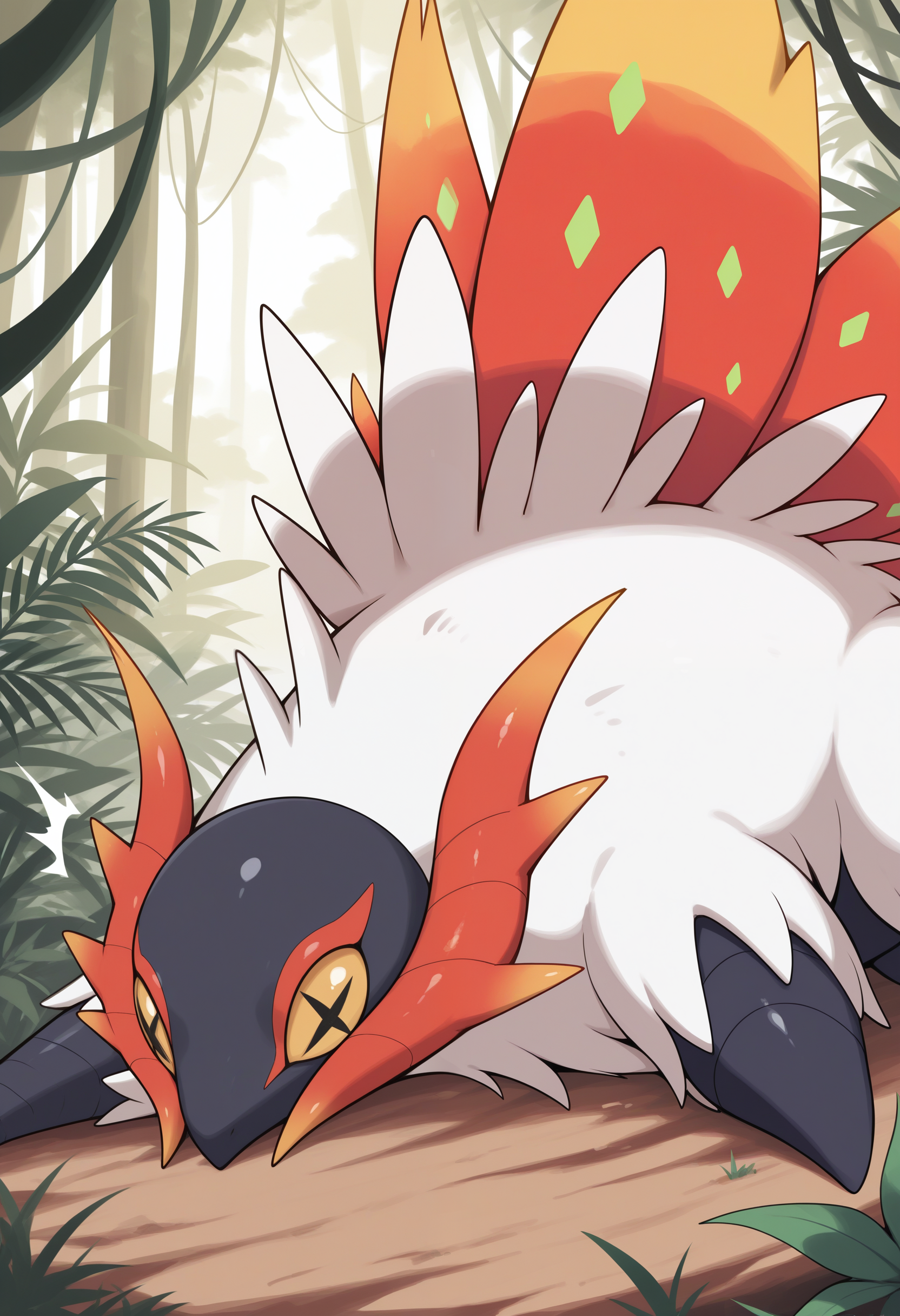 masterpiece,best quality, amazing quality, solo, 1boy, sl1th3r, pokemon (creature), close up, side angle, surprised expression, outside, jungle,