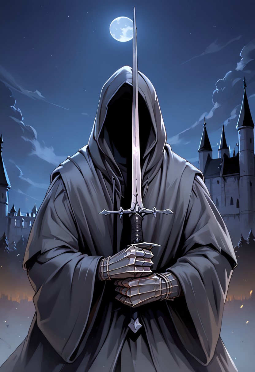 score_9, score_8_up, score_7_up,nazgul,1 male,hood up,faceless,black robe,gauntlet ,at castle, at night , moon light,holding sword pose