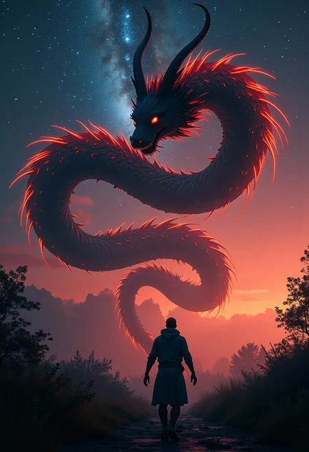 Bosstyle, Silhouette of a man fighting a giant DARK snake dragon Monster Boss resembling a ethereal nake dragon with goat hornes : Capture the essence of nostalgia and color in this vintage photograph. Dominating the scene is a meticulously detailed, translucent dark-red Blood filled dragon, adorned with vibrant patterns, blending seamlessly with its surroundings. Its long tail, composed of intricately woven ribbons in a spectrum of colors, trails behind, adding to the spectacle of the moment. Amidst the quietude of the night, its presence exudes a sense of ancestral strength and resilience. Behind it, the low-toned hues of the Milky Way cast a mesmerizing backdrop, a cosmic tapestry weaving tales of both past and future. In this moment, the convergence of tradition and technology, of ancient wisdom and industrial progress, hangs palpably in the air., atmospheric haze, Film grain, cinematic film still, shallow depth of field, highly detailed, high budget, cinemascope, moody, epic, OverallDetail, 2000s vintage RAW photo, photorealistic, candid camera, color graded cinematic, eye catchlights, atmospheric lighting, imperfections, natural, shallow dof,
extremely detailed, vntblk, black, dark, background, NEG-fixl-2, bosstyle, Cinematic style, realism, cinematic quality