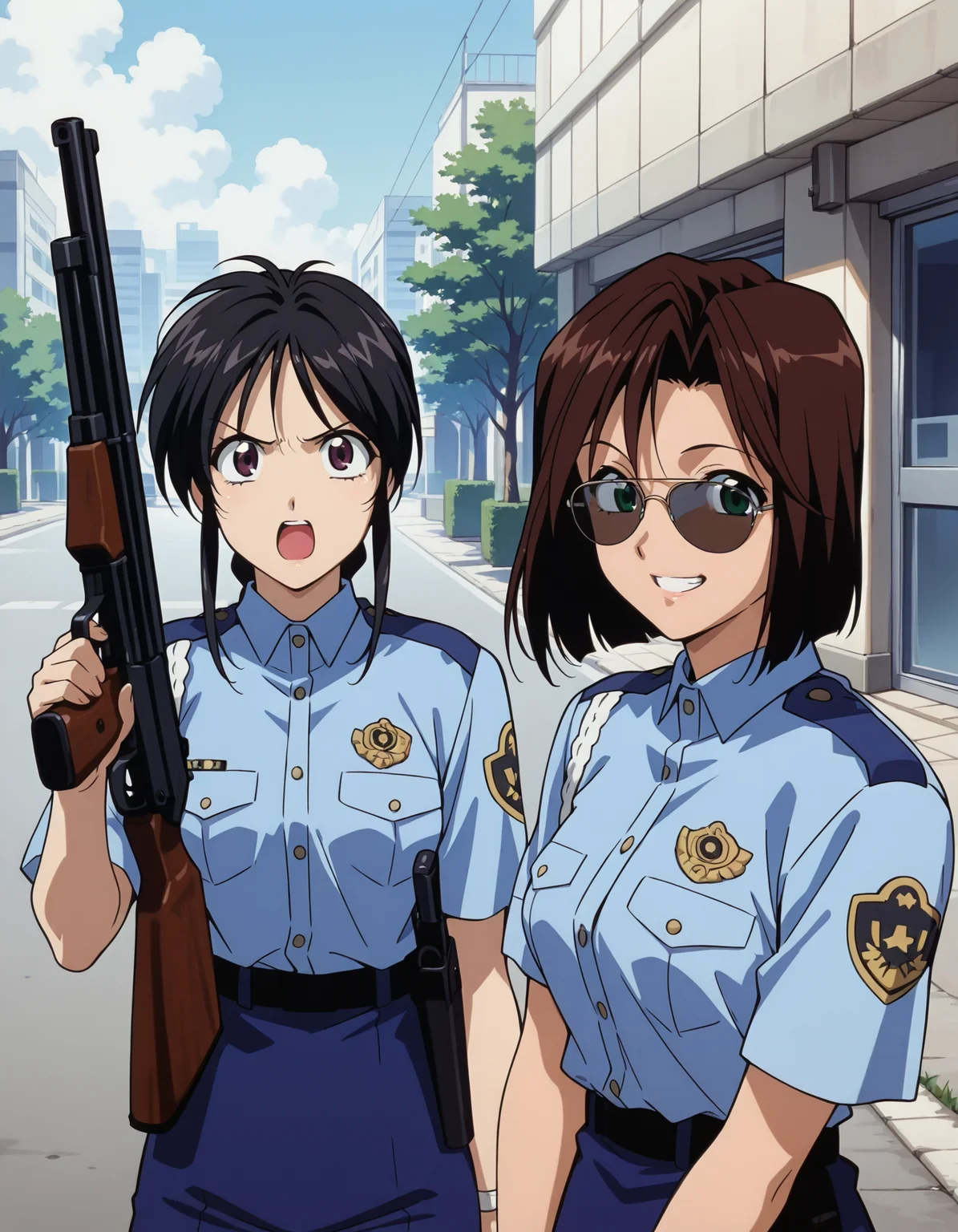 <lora:yua-illustrious-000010:0.8> 2girls, police uniform, aviator sunglasses, street, tank
2girls, kobayakawa miyuki, shotgun, holding gun, shouting
2girls, tsujimoto natsumi, grin, v