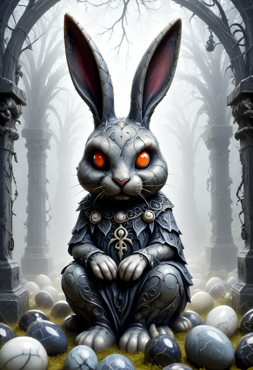 made of marbles, <lora:Marbles_World_r1:0.75>, A gothic-style Easter Bunny carved from dark marble, long twisted ears, hollow eyes glowing faintly, sitting beside cracked marble Easter eggs with arcane runes. Surrounded by thorny vines and fog in a ruined graveyard at dawn. Hyper-detailed, eerie atmosphere, cinematic lighting. dark fantasy, gothic, <lora:GothicDetailEnhancerV1:0.65>, <lora:add-detail-xl:0.45>,