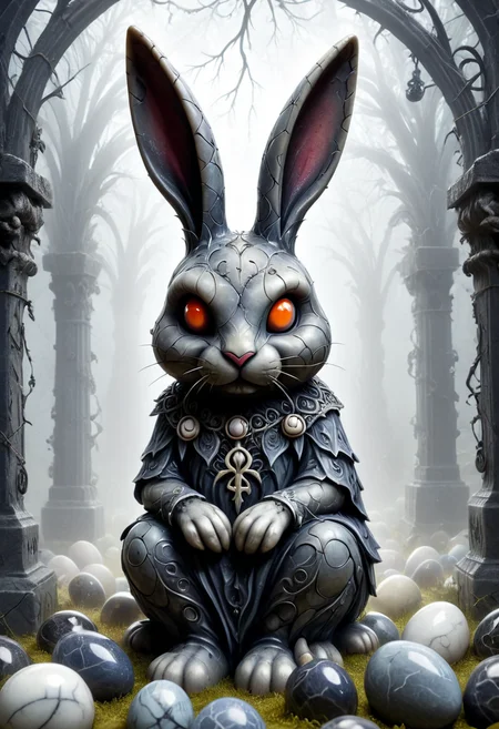 made of marbles, <lora:Marbles_World_r1:0.75>, A gothic-style Easter Bunny carved from dark marble, long twisted ears, hollow eyes glowing faintly, sitting beside cracked marble Easter eggs with arcane runes. Surrounded by thorny vines and fog in a ruined graveyard at dawn. Hyper-detailed, eerie atmosphere, cinematic lighting. dark fantasy, gothic, <lora:GothicDetailEnhancerV1:0.65>, <lora:add-detail-xl:0.45>,
