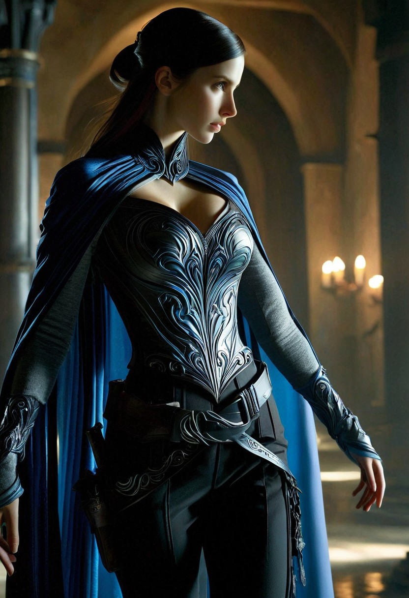 A lone woman stands prominently, her upper body clad in a dark fantasy outfit, featuring a fitted gray top with intricate, swirling designs that evoke an air of mysticism, layered under a flowing blue cape with black accents that cascade down her back like a midnight waterfall. Her black pants are cinched at the waist by a utility belt, adorned with small, gleaming metallic accents, while sleek black shoes seem to blend seamlessly with the shadows. The scene is set against a backdrop of muted, ominous lighting, with soft, ethereal glow accents that dance across her face and attire, capturing the essence of hyper-realistic detail, as if plucked straight from the pages of a dark fantasy novel, in the style of a cinematic, ultra-detailed digital painting.