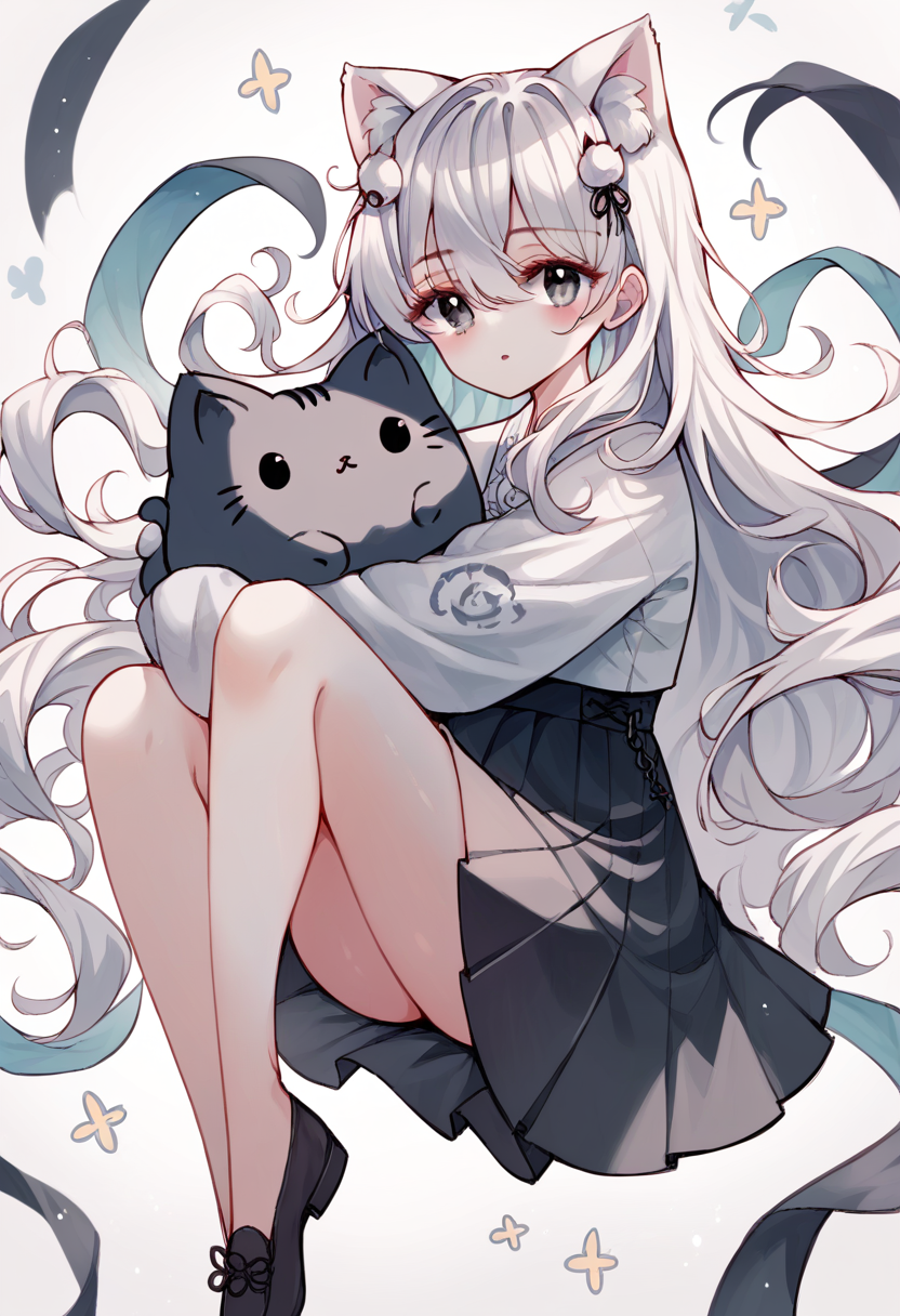 score_9, score_8_up, score_7_up, score_6_up, source_anime, 1girl, long hair, looking at viewer, blush, bangs, shirt, hair ornament, long sleeves, white background, animal ears, hair between eyes,white hair, pleated skirt, parted lips, shoes, black skirt, animal ear fluff, sleeves past wrists, grey eyes, hair intakes, cat, 
<lora:tando_v0.4-pony:1>