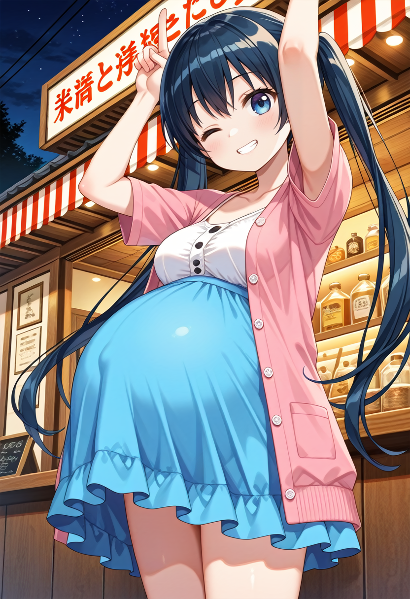STYLE(comfy++,none) masterpiece, best quality, absurdres, 1girl, [tsukasawa takamatsu:cura, fuzichoco:0.3], torino aqua, komichi aya, kin-iro mosaic, blue eyes, blue hair, long hair, twintails, striped clothes, medium breasts, clothed, pregnant, big belly, standing, one eye closed,  evil grin, exhausted, looking at viewer, middle finger, index finger raised, arms up, cowboy shot, from below,  night, shop, game cg, <lora:Other/Pregnancy_Slider.safetensors:1.2000000000000002:1.2000000000000002> <lora:Tech/dmd2_sdxl_4step_lora_fp16.safetensors:1.0:1.0> <lora:Other/pregnant_cl_v3.safetensors:1.0:1.0>