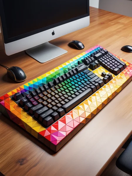 Computer with colorful mad-triangle keyboard on wooden desk in office Computer with mad-circuit keyboard on wooden desk in office <lora:Colorful_Triangles_SDXL:0.5>, (masterpiece:1.2), best quality, (hyperdetailed, highest detailed:1.2), high resolution textures