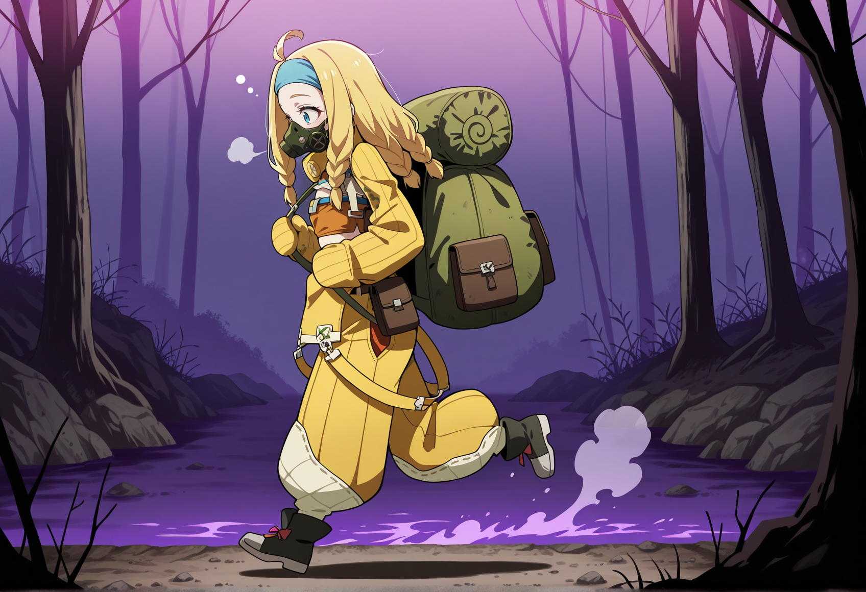 anime screencap, anime screenshot, anime coloring, 1girl, gas mask, long hair, blonde hair, braid, multiple braids, blue eyes, ahoge, hairband, high collar, detached sleeves, mittens, tube top, overalls, baggy pants, pouch, solo, walking, swamp, poison, toxic gas, steam, mist, green gas, one leg up, purple water, from side, huge backpack, sleeping bag, holding backpack strap <lora:little_miss_forge_mh_illus:1>, masterpiece, best quality, amazing quality, very aesthetic, absurdres, highres, newest