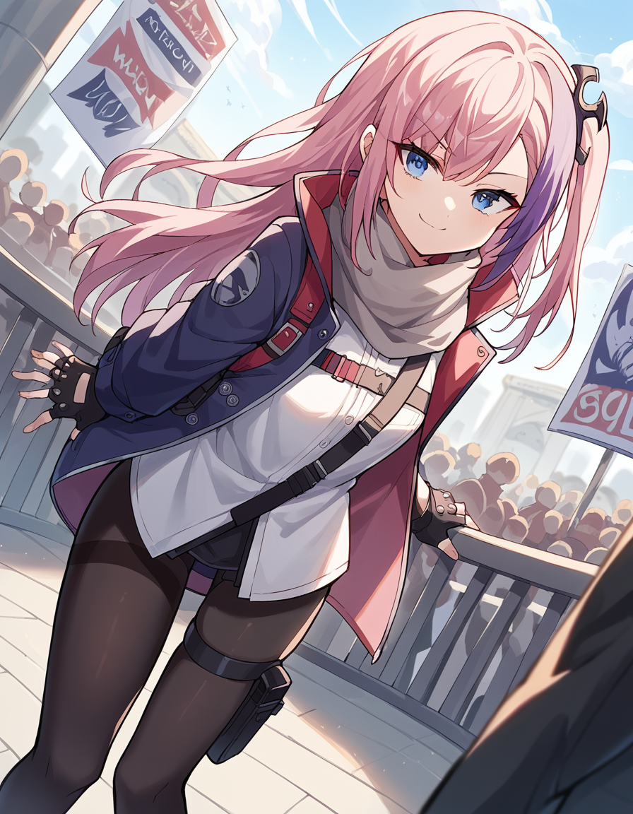 score_9, score_8_up, score_7_up, source_anime, <lora:girlsfrontline-st-ar-15-ponyxl-lora-nochekaiser:1>, st ar-15, blue eyes, hair ornament, long hair, multicolored hair, one side up, streaked hair, pink hair, purple hair,, asymmetrical legwear, black pantyhose, black socks, dress, fingerless gloves, gloves, grey scarf, holster, jacket, pantyhose, scarf, shirt, single leg pantyhose, single thighhigh, strap, thigh holster, thigh strap, thighhighs, uneven legwear, white shirt,, convention, crowd, booths, posters, event, , bent over, smug,, looking at viewer, solo,, dutch angle, cowboy shot