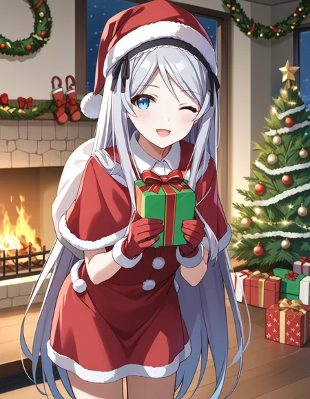 score_9, score_8_up, score_7_up, source_anime, BREAK
1girl, solo, looking at viewer, outdoors, snow, christmas, happy, open mouth, indoors,
shisei houjou (kurakon), very long hair, grey hair, sidelocks, blue eyes, one eye closed, fireplace,
<lora:santa-costume-ponyxl-lora-nochekaiser:1>, santa costume, santa hat, christmas, sack, merry christmas, gift, fur-trimmed headwear, holding sack, santa dress, fur-trimmed dress, christmas tree, fur trim, red capelet, gift box, red gloves, fur-trimmed capelet, santa gloves, red hat, hat, presenting gift, leaning forward,
<lora:shisei_houjou-kurakon_s1-anime-soralz:1>