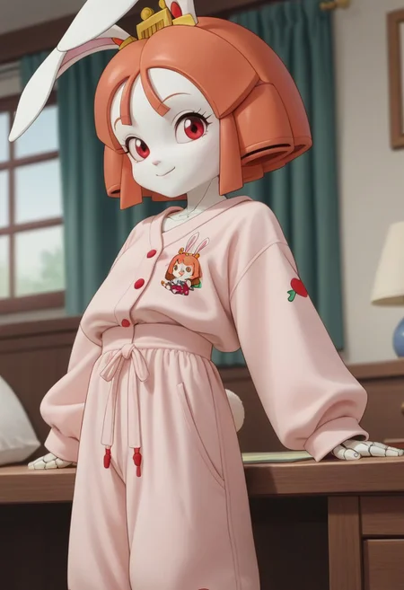 1girl, solo, (Tokugawa Usako, rabbit girl, white skin, ((android)), doll joints, petite), score_9, score_8_up, score_7_up, score_6_up, score_5_up, score_4_up, chibi, short legs, rabbit tall, looking at viewer, 3/4 side view, slightly smil, small breasts, thin waist, smile, red eyes, blurry background, out of focus, Expressiveh, looks at the viewer, jyojifuku, pajamas, baggy pajama pants,