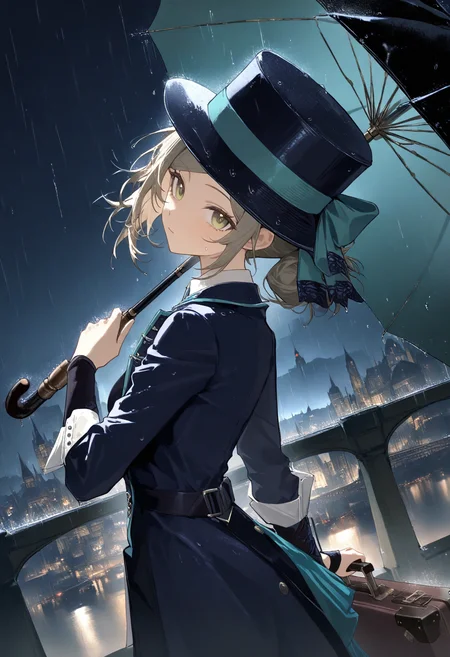 1girl, vertin \(reverse:1999\), reverse:1999, black umbrella, headwear, suitcase, looking at viewer, rain, night, city, bridge, from side, dutch angle, upper body