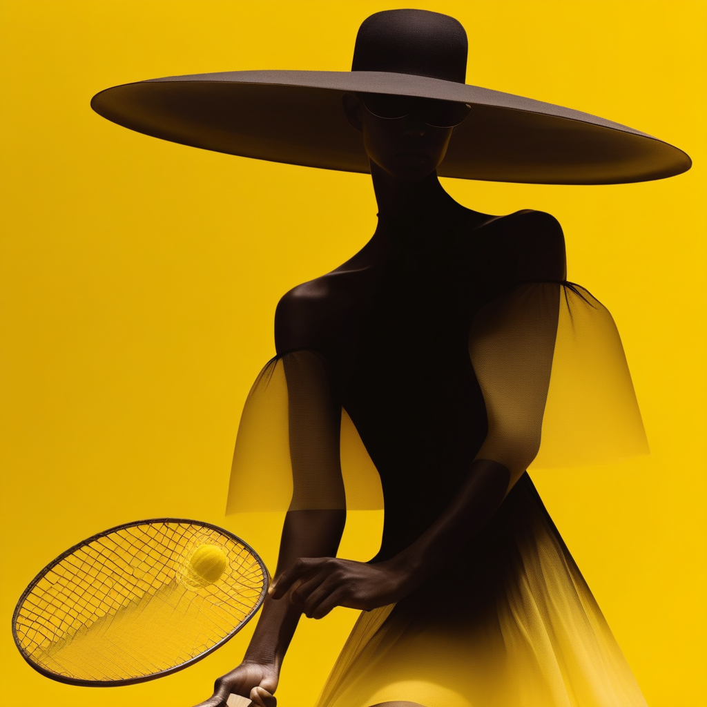 aaAR7fl,masterpiece,highres,best quality,best aesthetic, intriguing details, Iris Van Herpen fashion campaign, haute couture,1girl, solo, off shoulders, glowing necklace, see-through, blindfold, wide brim hat, swing a badminton racket, yellow gradient background, in style of Tim Walker, black Organic-shaped dress,