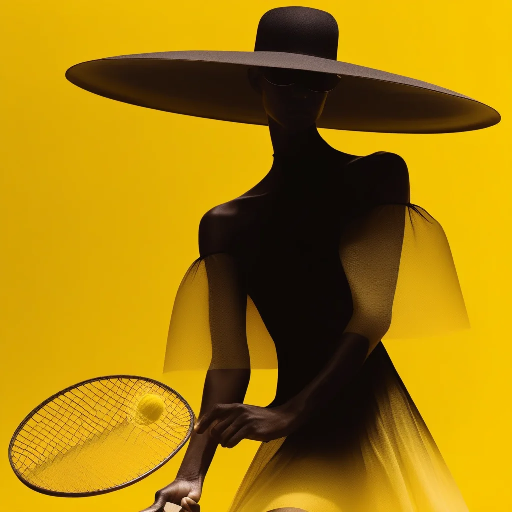 aaAR7fl,masterpiece,highres,best quality,best aesthetic, intriguing details, Iris Van Herpen fashion campaign, haute couture,1girl, solo, off shoulders, glowing necklace, see-through, blindfold, wide brim hat, swing a badminton racket, yellow gradient background, in style of Tim Walker, black Organic-shaped dress,