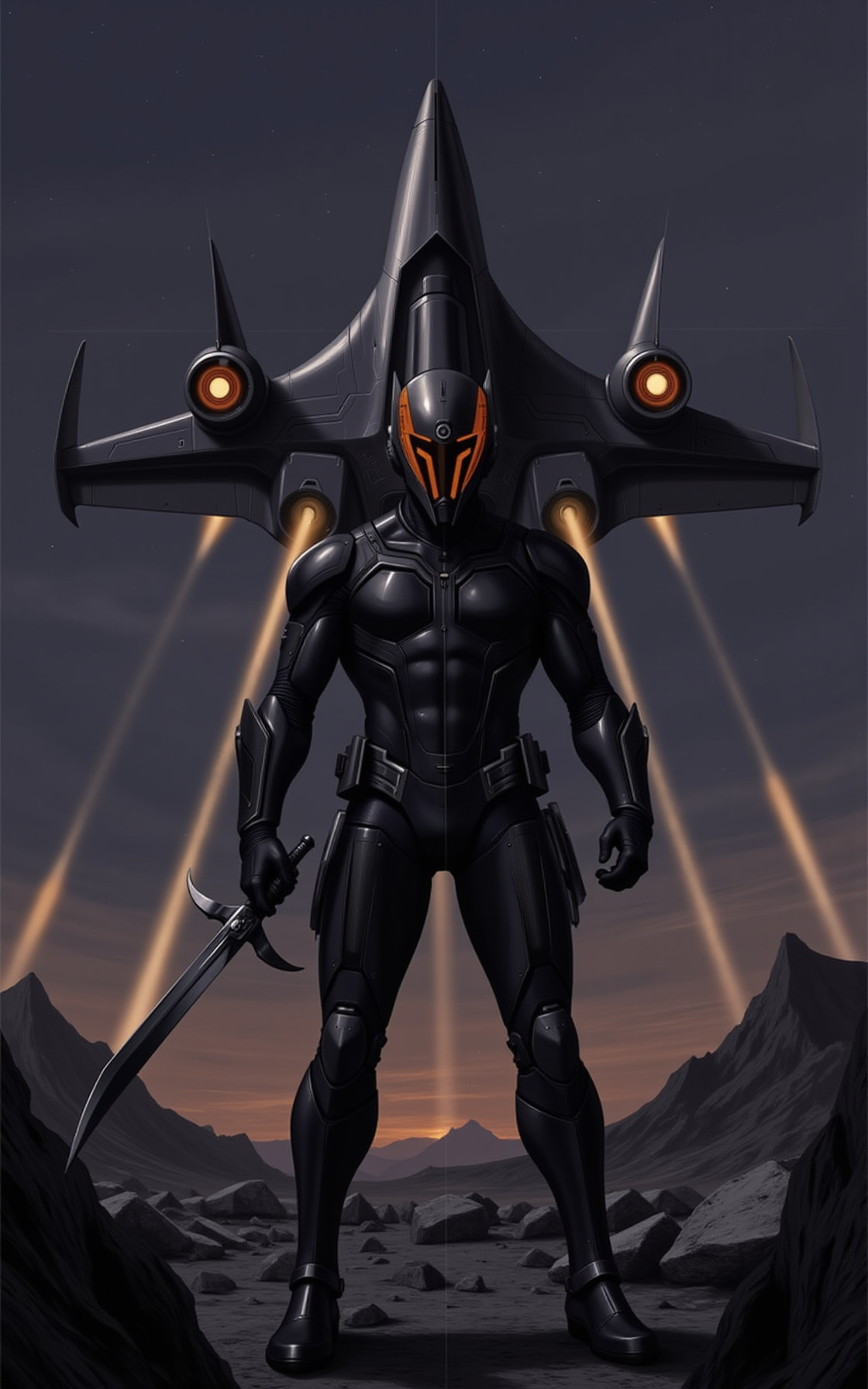 YFG-SRS, rbcharc0al, Off-center composition, wide-angle with subject facing away, The image shows a futuristic warrior standing in front of a large spaceship. The warrior is wearing a black suit with intricate details and a helmet with glowing orange eyes. The sword is held in the warrior's right hand and is pointed towards the right side of the image. The spaceship is in the background, with its wings spread wide and its engines roaring. The sky is dark and cloudy, with a hint of orange and yellow lights shining down on the scene. The ground is covered in rocks and debris, and there is a mountain in the distance. The overall mood of the scene is ominous and ominous., dark and dim light, anime artwork comic anime art by Rumiko Takahashi, Manga, fantasy art by Brad Rigney, digital art, , fantasy art, dark, detailed, epic, Humorous, romantic, slice of life, diverse characters . graphic illustration, comic art, graphic novel art, vibrant, highly detailed . anime style, key visual, vibrant, studio anime, highly detailed.