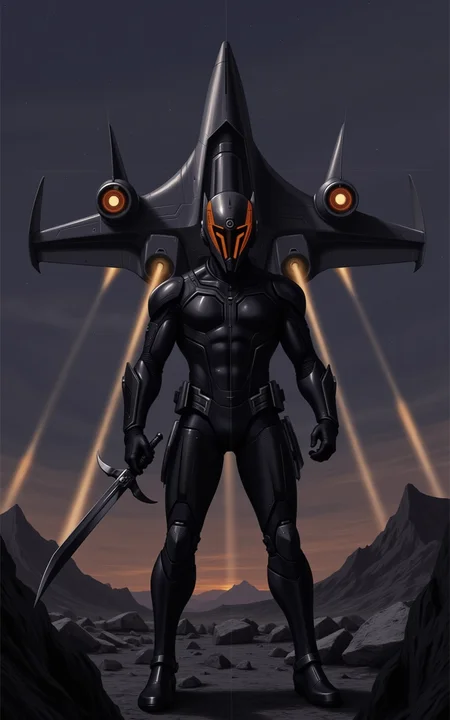 YFG-SRS, rbcharc0al, Off-center composition, wide-angle with subject facing away, The image shows a futuristic warrior standing in front of a large spaceship. The warrior is wearing a black suit with intricate details and a helmet with glowing orange eyes. The sword is held in the warrior's right hand and is pointed towards the right side of the image. The spaceship is in the background, with its wings spread wide and its engines roaring. The sky is dark and cloudy, with a hint of orange and yellow lights shining down on the scene. The ground is covered in rocks and debris, and there is a mountain in the distance. The overall mood of the scene is ominous and ominous., dark and dim light, anime artwork comic anime art by Rumiko Takahashi, Manga, fantasy art by Brad Rigney, digital art, , fantasy art, dark, detailed, epic, Humorous, romantic, slice of life, diverse characters . graphic illustration, comic art, graphic novel art, vibrant, highly detailed . anime style, key visual, vibrant, studio anime, highly detailed.