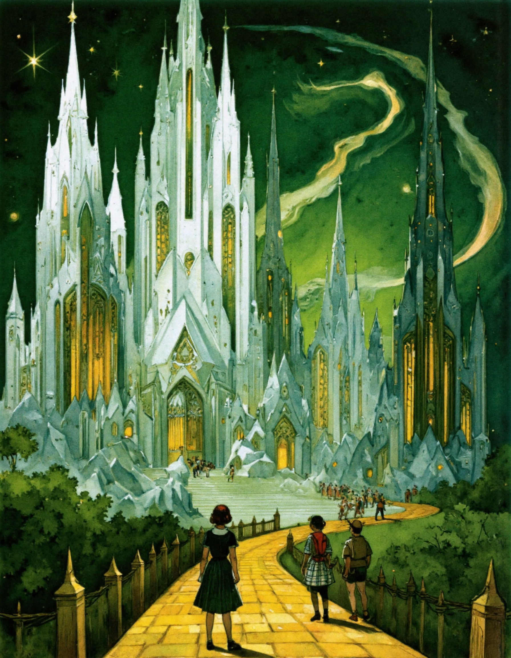 <lora:LV_NEW:1>, DThe Emerald City viewed from a distance, with towering spires glowing in green and gold. Dorothy's group walks toward it along the Yellow Brick Road, which twists into intricate geometric shapes. Style: Vladimirsky's architectural fantasyâclean lines, glass-like surfaces, and celestial motifs in the sky (floating stars, rainbow halos). Use a high-contrast palette of emerald, silver, and ivory, lighting