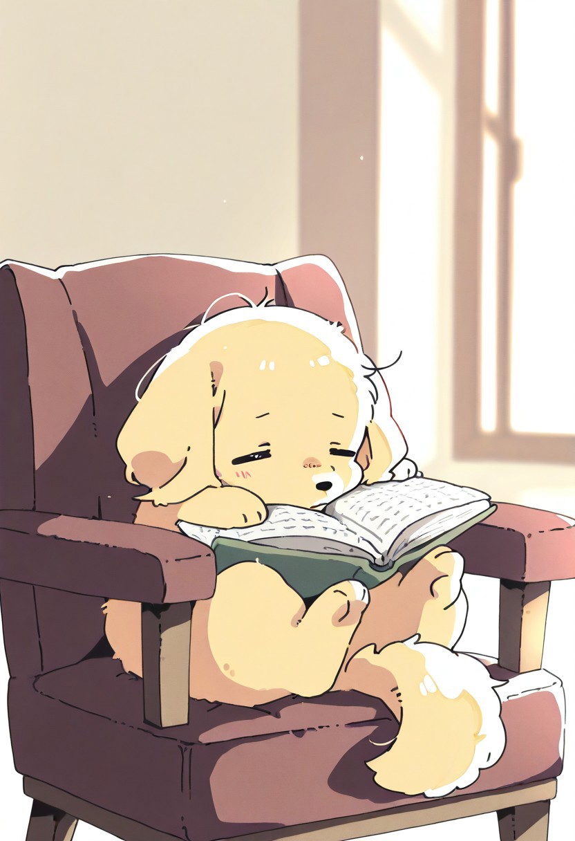 "(masterpiece, best quality, high quality, highres), very awa, highres, absurdres,
(naguru \(cyoroama\), (chii-kun \(seedyoulater\):0.7), 
(retriever:1.1),
(no humans:1.1), (cute:1.2), comfy, solo, cozy,
indoors, reading a book, relaxed, bored, sad, happy, on chair, sunny day, "