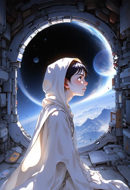 digital illustration, an androgynous lictor, with a dark gaze, wearing a pearly white hooded cape with iridescent reflections, looks at space through the porthole of a spaceship, looking away, low angle