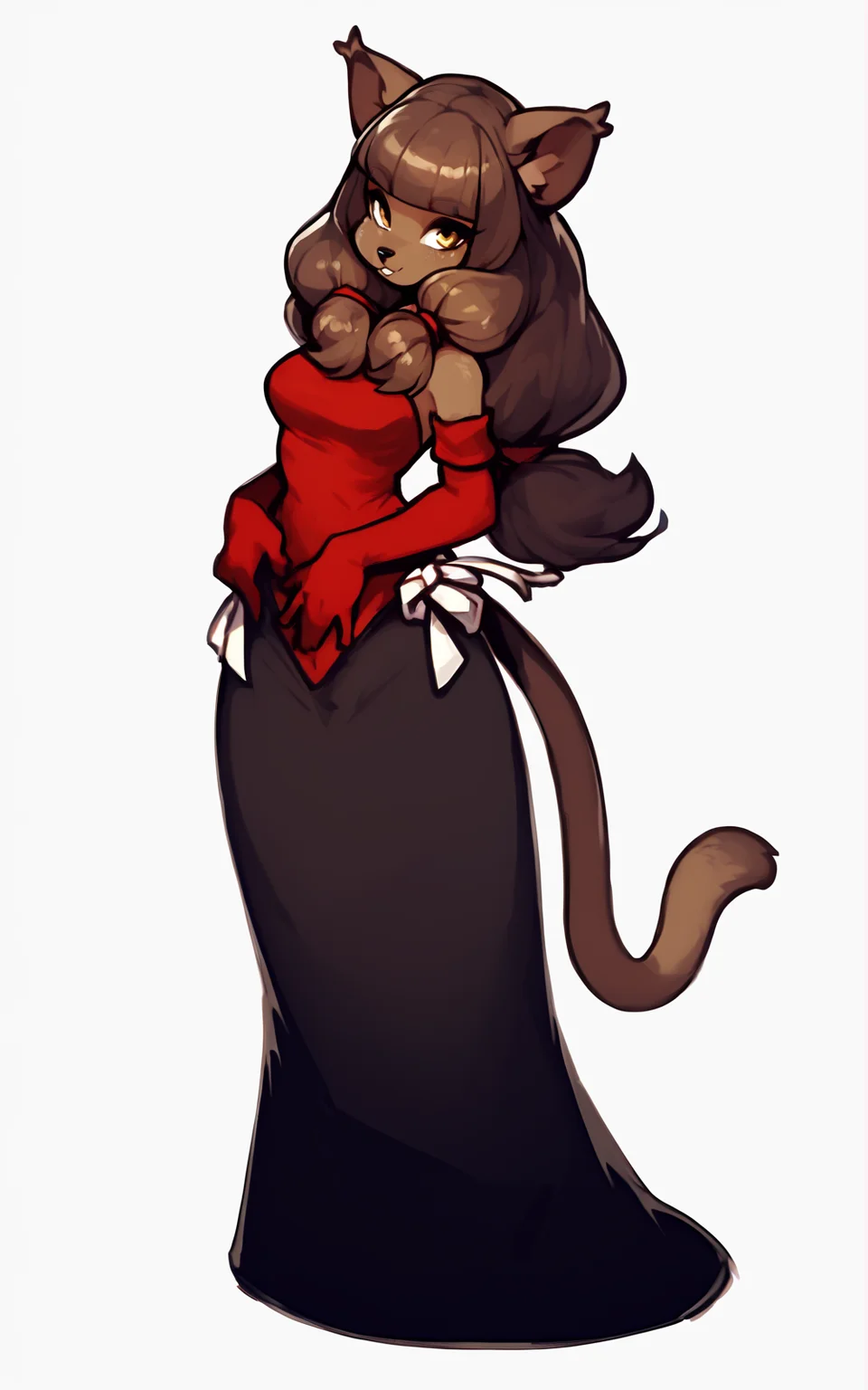 score_9, score_8_up, score_7_up,((best quality)), absurdres,((full body)),  <lora:3d-2d:0.8>,  <lora:MirandaPXL:1>,MirandaPXL,animal ears,brown hair, furry, dark skin, furry female, cat ears,brown eyes, red gloves,brown hair, amber eyes,long hair, animal nose,bangs, blunt bangs, twintails,cat tail,gloves, elbow gloves, shirt,long skirt, bare shoulders,skirt,black skirt,red shirt,white background,heels