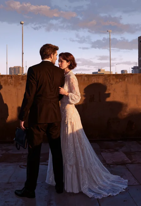 p0st_1mp4ct style, impasto, Two lovers pose on a rooftop at dusk, dressed in couture fashion, with surreal geometric shadows stretching across a skyline of silence., cinematic realism, high-fashion surrealism, romantic noir, editorial elegance, dramatic lighting, symbolic props, moody atmosphere, stylized figures, luxury aesthetic, narrative portraiture, conceptual fashion, glossy textures, rich color palette, timeless glamour, surreal composition, poised emotion, fashion editorial influence, dreamlike intimacy, dramatic silhouettes, retro-modern fusion <lora:Evangelion_Post-impact_Apocalyptic_Style_Flux.1_D_by_AutoPastel-000019:0.38> <lora:Hand v2:0.94> <lora:Dark_Gray_Photography_flux:0.16> <lora:GDX_impasto:0.75>