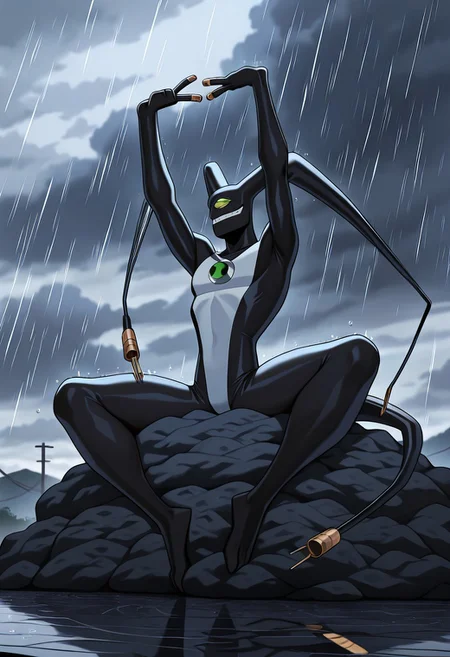 masterpiece, best quality, amazing quality, very aesthetic, absurdres, newest
feedback, solo, smile, , tail, 1boy, no humans, green eye, single eye, , digimon (creature), black skin, , alien, , , cables, ,
stretching legs, relaxed, sitting on cloud, grey clouds, peace sign, rain,