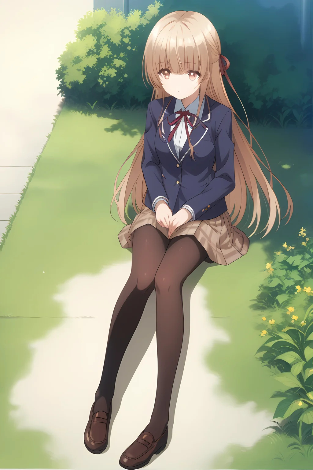 school uniform brown skirt pantyhose blue blazer red ribbon, an-mahiru, medium breasts, 1girl, solo, skinny, masterpiece, high quality, (full body|sitting|standing|lying), outdoors, , score_9, score_8_up, score_7_up, source_anime, anime, anime style, long hair <lora:an-mahiru-pony-V01-000005:0.90>