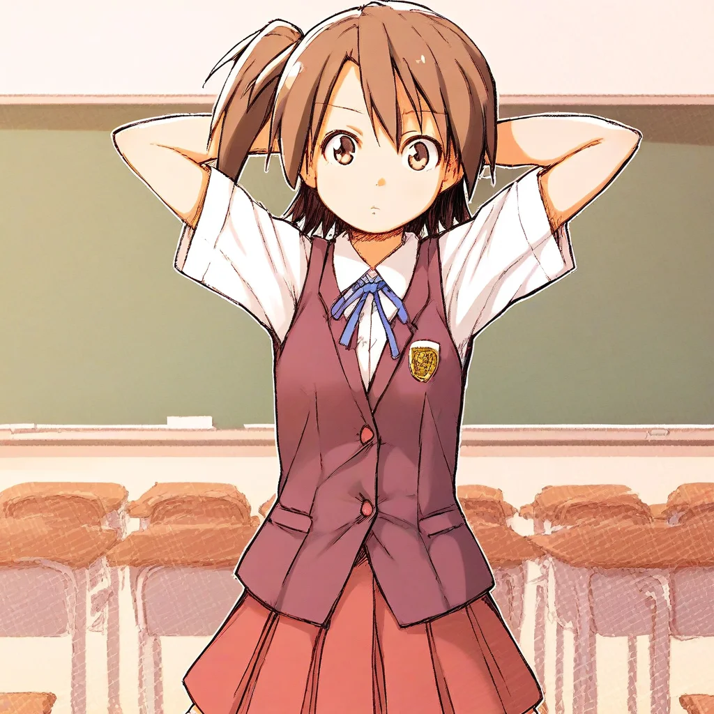 score_9, solo, akashi_y, 1girl, brown hair, side ponytail, school uniform, skirt, hands behind head, looking at viewer, classroom