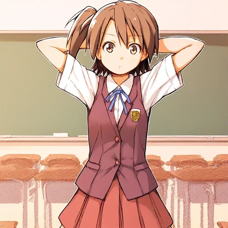 score_9, solo, akashi_y, 1girl, brown hair, side ponytail, school uniform, skirt, hands behind head, looking at viewer, classroom