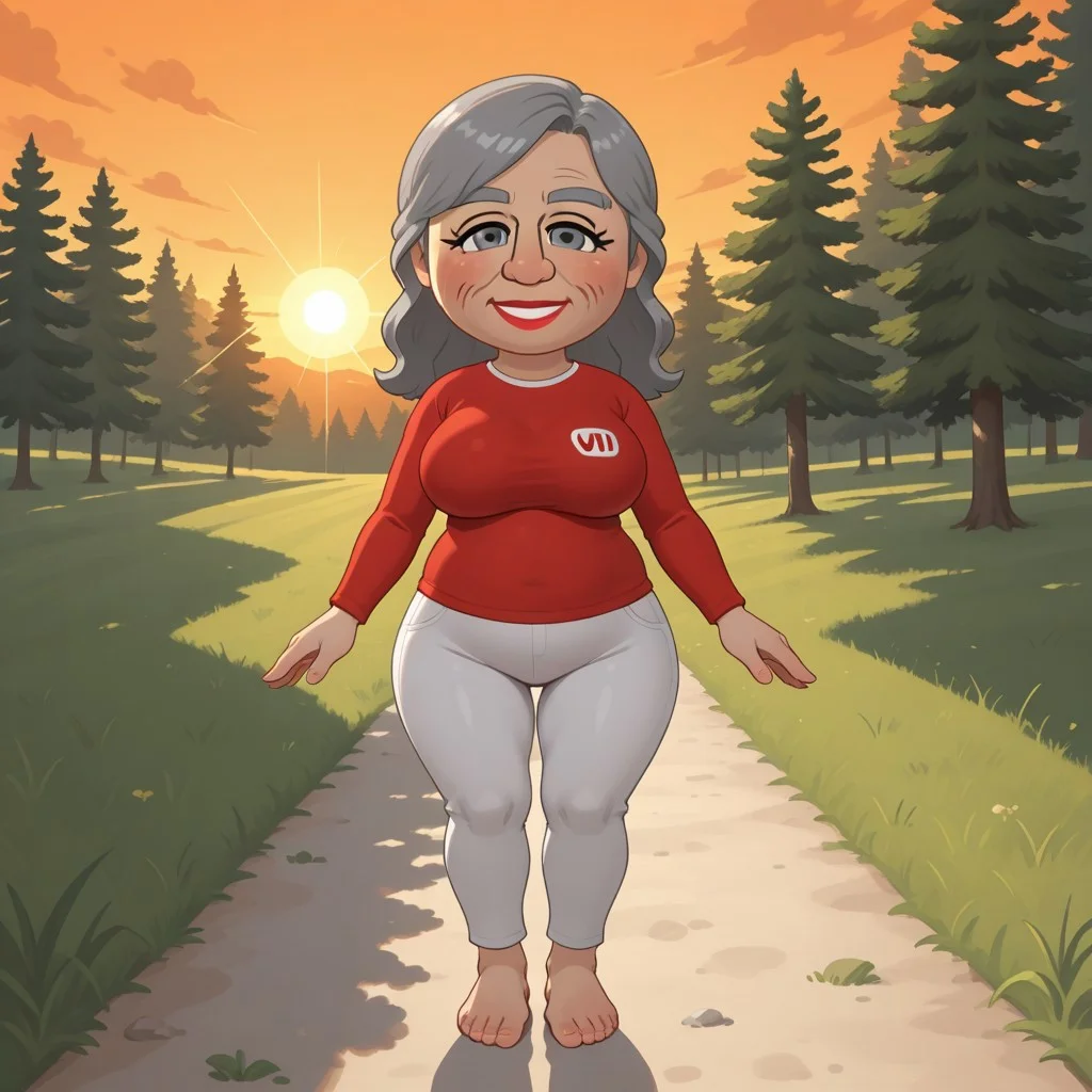 score_9, score_8, BREAK, solo, wii, mii, wii sports, 1girl, female mii, old woman, gray hair, gray eyebrows, gray eyes, blush, red lips, lipstick, teeth, red clothing, white pants, barefoot, JoanaWSC, cute, breasts, nintendo mii, modern_mii, classic_mii, tall, adult female, mature female, big breasts, sexy pose, self portrait, smile, looking at viewer, outdoors, sunlight, shadows, evening lighting, natural lighting, forest, trees, grass, orange sky, sunset