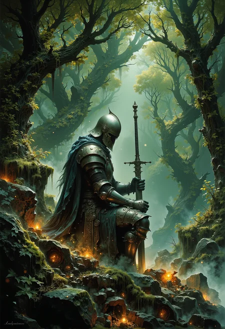 In the heart of a dense, misty forest bathed in ethereal green light, a lone medieval knight kneels solemnly on the moss-covered ground. Clad in weathered, battle-worn armor, his helmet reflects faint glimmers of soft light filtering through the towering trees. His tattered cape and rust-streaked chainmail tell a tale of countless battles fought. The knight leans heavily on his broadsword, its blade embedded into the earth, as if drawing strength from the land itself. The surrounding air is thick with a mystical haze, illuminated by faint golden embers drifting lazily in the stillness. The scene radiates a sense of quiet resolve and deep contemplation, evoking both the weight of his burdens and the timeless serenity of the forest sanctuary. <lora:flux.1_lora_flyway_Epic-detail_v2.safetensors:0.3>, <lora:Elden_Ring_-_Yoshitaka_Amano.safetensors:0.9>, <lora:black_fantasy.safetensors:0.5>, <lora:aiai-Glimra-Flux-Dev-v2.safetensors:0.5>, <lora:Ethereal Grace - s1 g4.safetensors:0.5>,