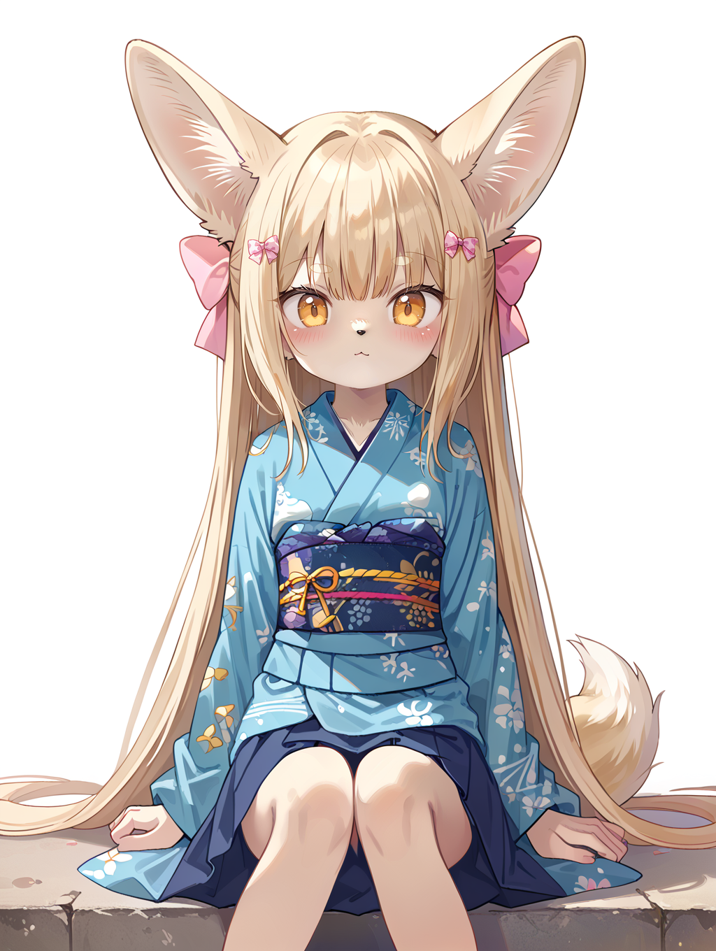 score_9, score_8_up, score_7_up,source_anime,saeki sora, 
1girl, fennec fox, girl, fennec fox tail, petite, small body ,furry large ears, , animal nose, sandy tan, fur,long hair,Short stature,Skinny body,solo,Short stature,Skinny body,(cute expression, cute face:1.1),simple background,looking at viewer,blush,skirt,sitting,legs spread,knees bent,flat chest,obi,sash,hair_bow,print kimono,hair bow
 <lora:Saeki_sora02:1.0>
