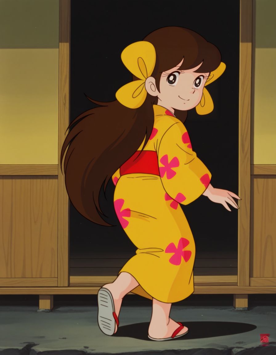 masterpiece, best quality, solo, smile, happy, full body, facing away, looking back, 
<lora:Sakura:1>, saku4a, 1girl, long hair, brown hair, black eyes, yellow kimono, multiple hair bows, 1980s \(style\), retro artstyle,