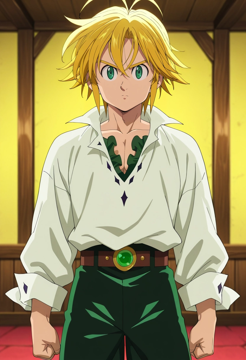 masterpiece, best quality, , anime screencap, anime coloring, official style, looking at viewer, 1boy, solo, male focus, <lora:meliodas_nanatsu_no_taizai_ilxl:1>, meliodas_nanatsu_no_taizai, blonde hair, green eyes, short hair, antenna hair, hair between eyes, , Corduroy pants, Brocade Thermal Henley shirt, , ,